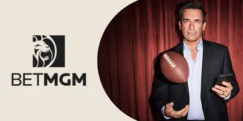 betmgm sportsbook desktop banner showing the betmgm logo and a man in suit holding a brown ball