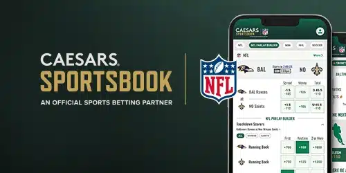 Caesars Sportsbook Virginia showing mobile odds and the text: An Official sports betting partner, with the logo of NFL