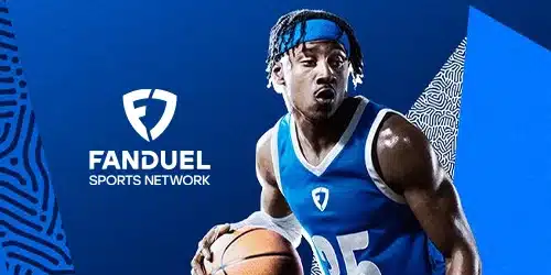 FanDuel sportsbook desktop banner showing a man with a basketball and the FanDuel logo on a blue background